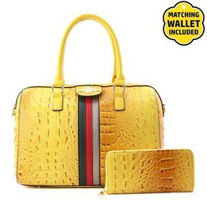 Faux Leather Croc Striped Bumblebee Handbag + Wallet (Brand New With Tags)